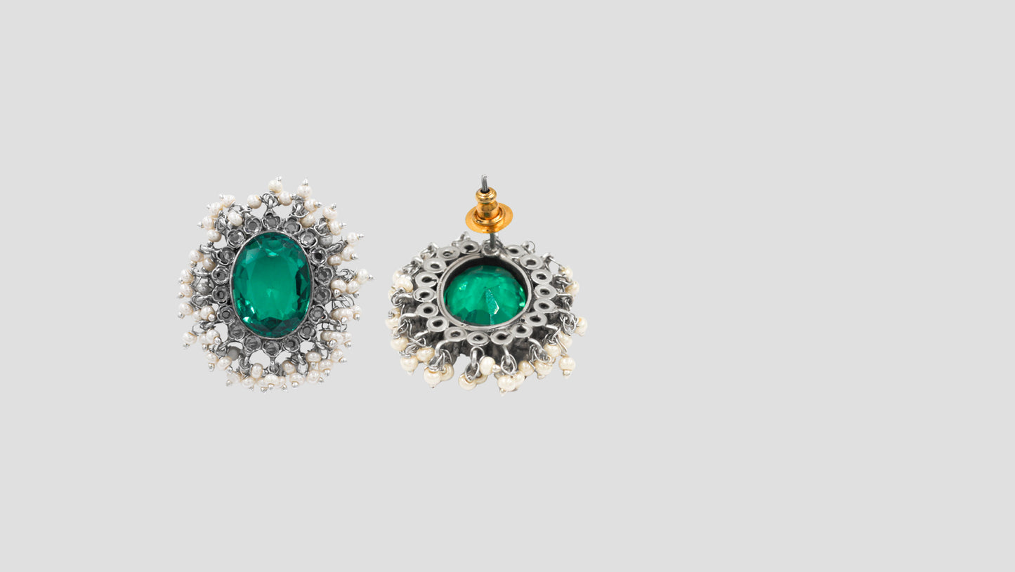 Sangeeta Boochra Handcrafted Silver Earrings with Green Gem and Pearls