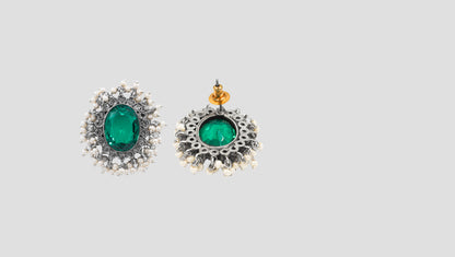 Sangeeta Boochra Handcrafted Silver Earrings with Green Gem and Pearls
