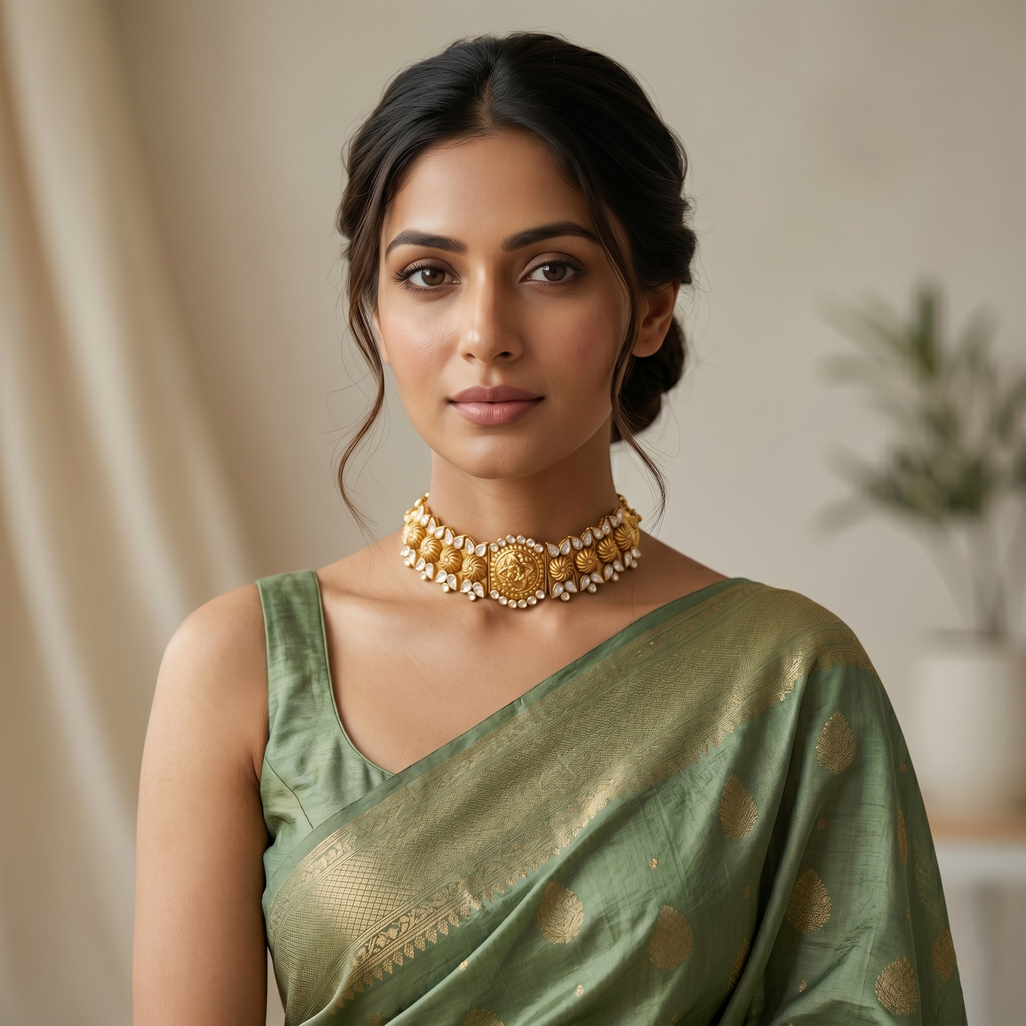 Sangeeta Boochra Artisan Gold Plated Silver Heritage Choker with Floral & Moissanite Detailing
