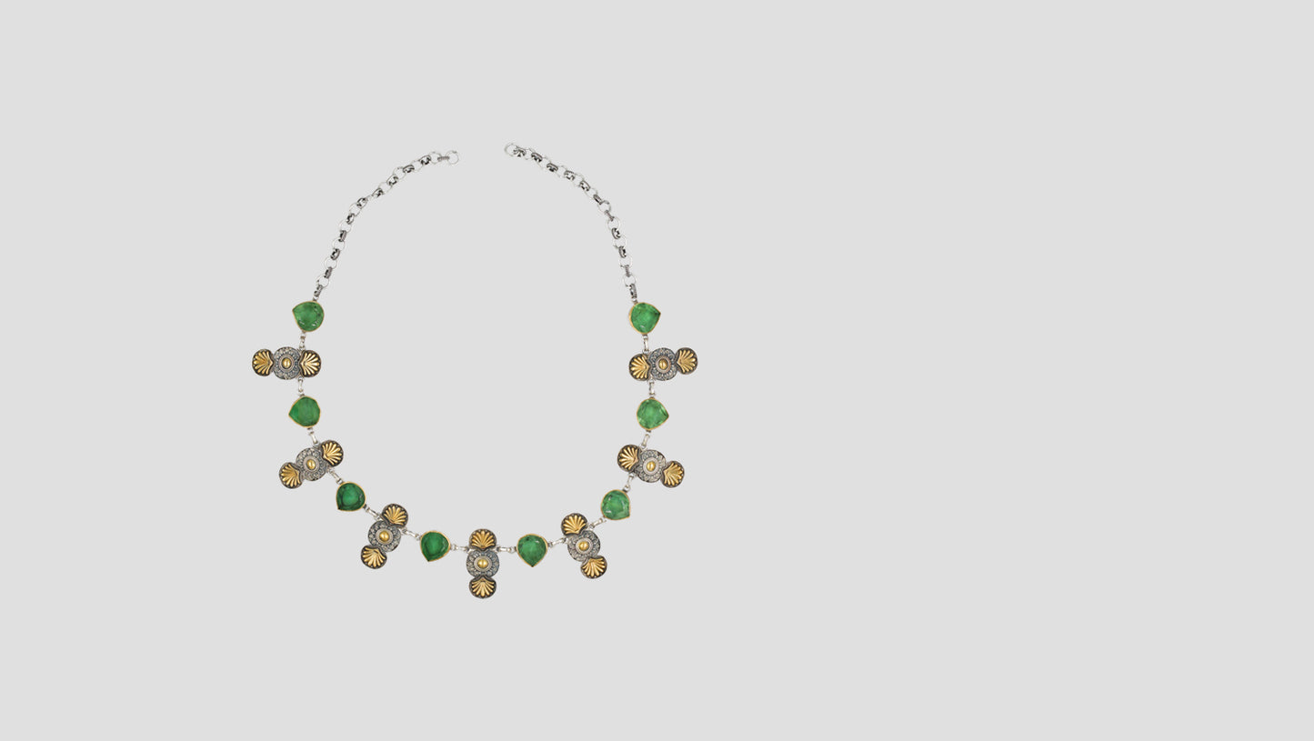 Sangeeta Boochra Silver Necklace with Green Stone & Floral Motifs