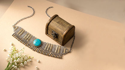 Sangeeta Boochra Turquoise Statement Oxidised Silver Choker