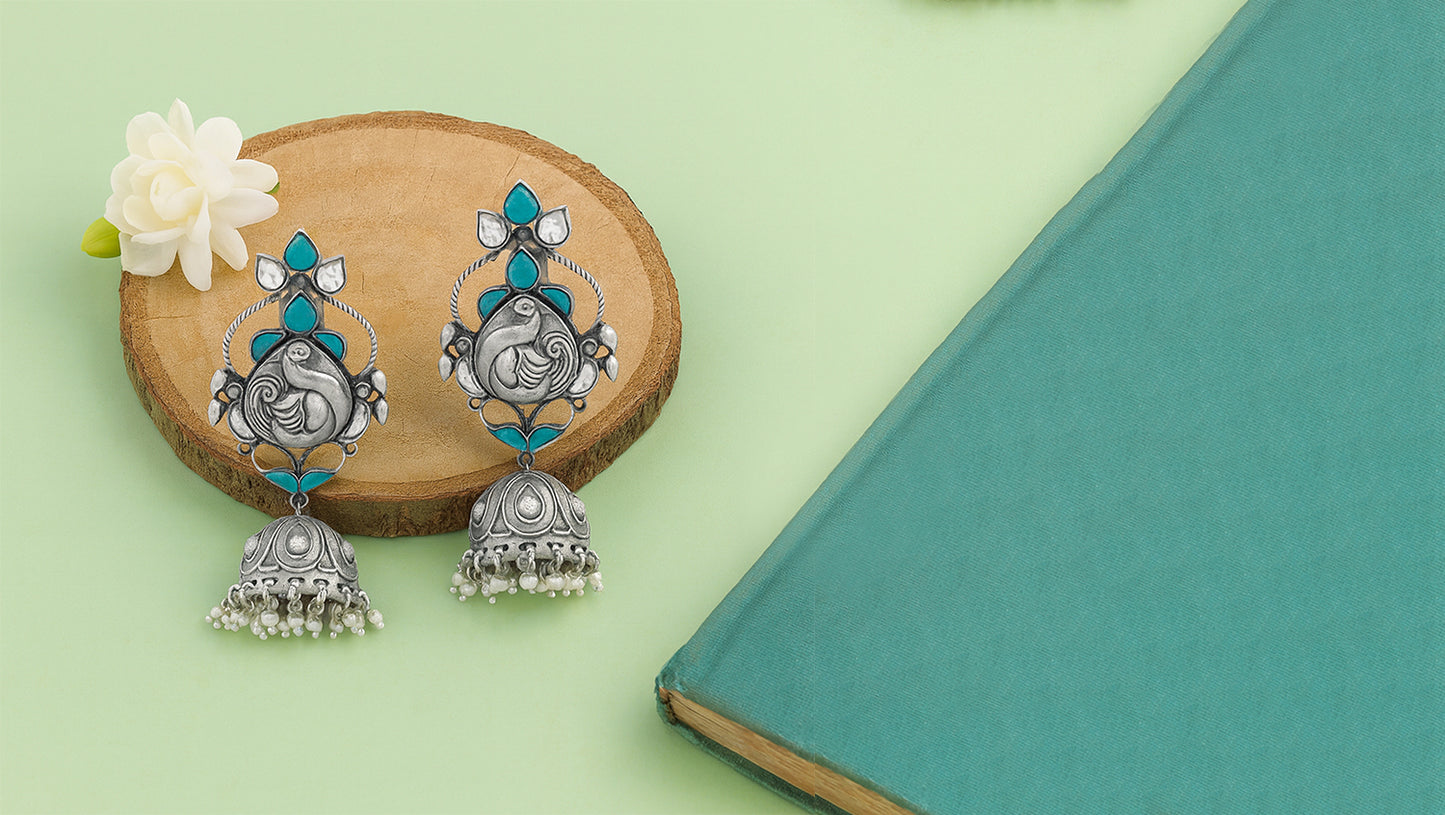 Peacock Grace Silver Jhumka Earrings | Sangeeta Boochra