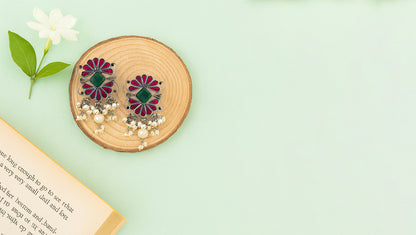 Handcrafted Silver Earrings with Pearls & Enamel Work