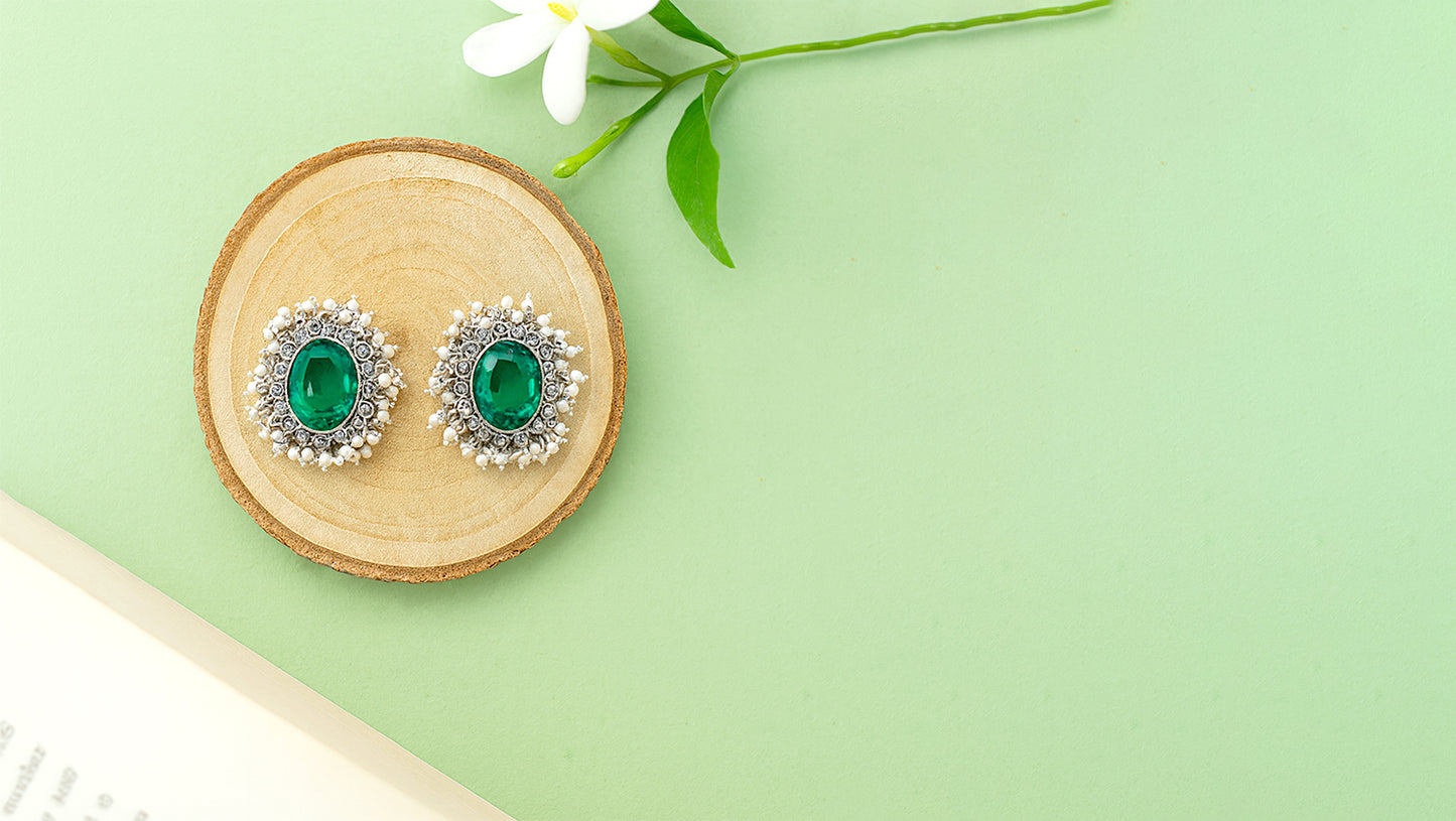 Sangeeta Boochra Handcrafted Silver Earrings with Green Gem and Pearls