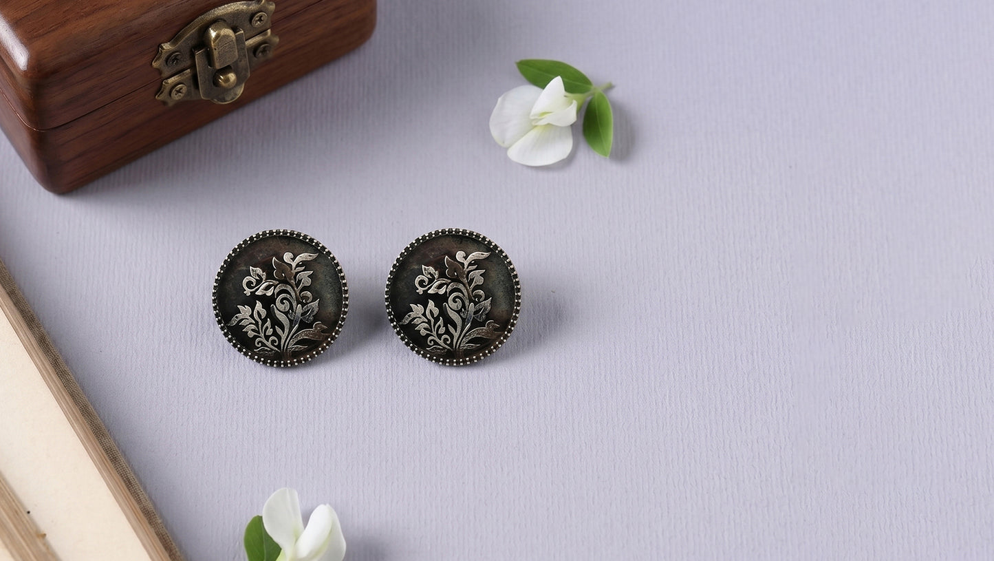 Sangeeta Boochra Handcrafted Floral Oxidised Silver Round Stud Earrings