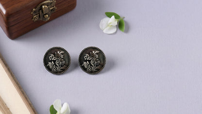 Sangeeta Boochra Handcrafted Floral Oxidised Silver Round Stud Earrings