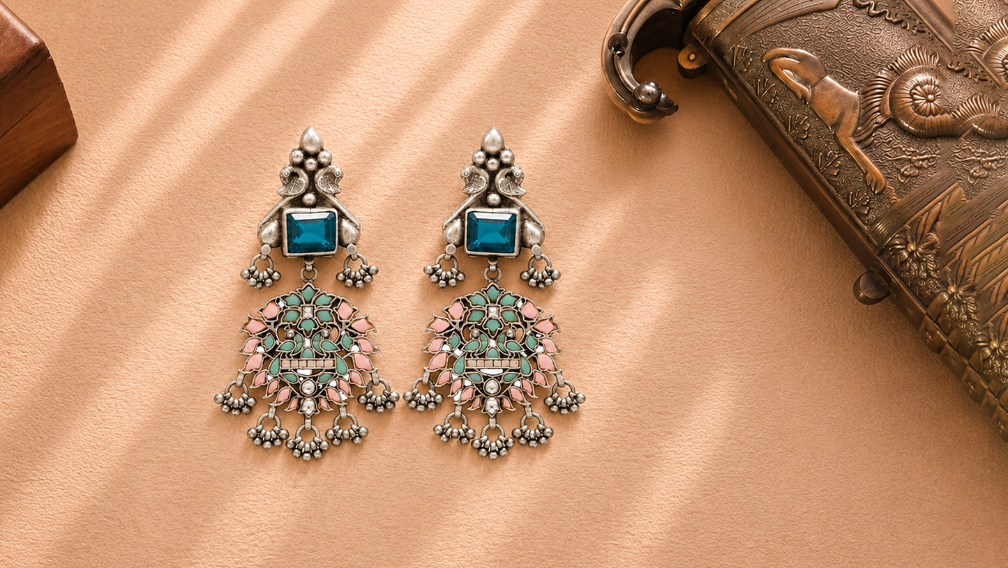 Vividh- Silver Kashida Earrings