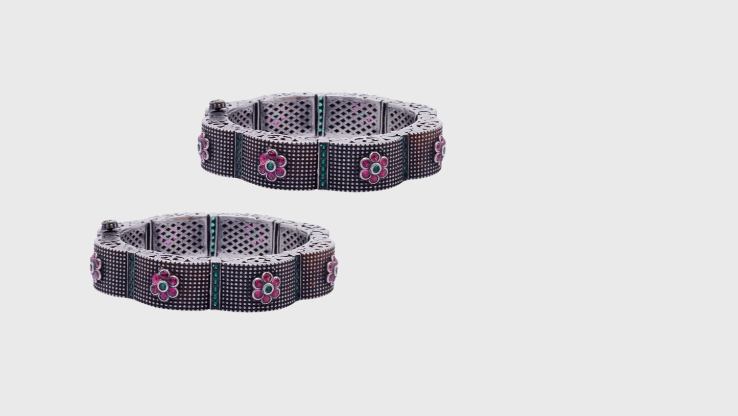 Oxidized Silver Gemstone Studded Hand Bangles