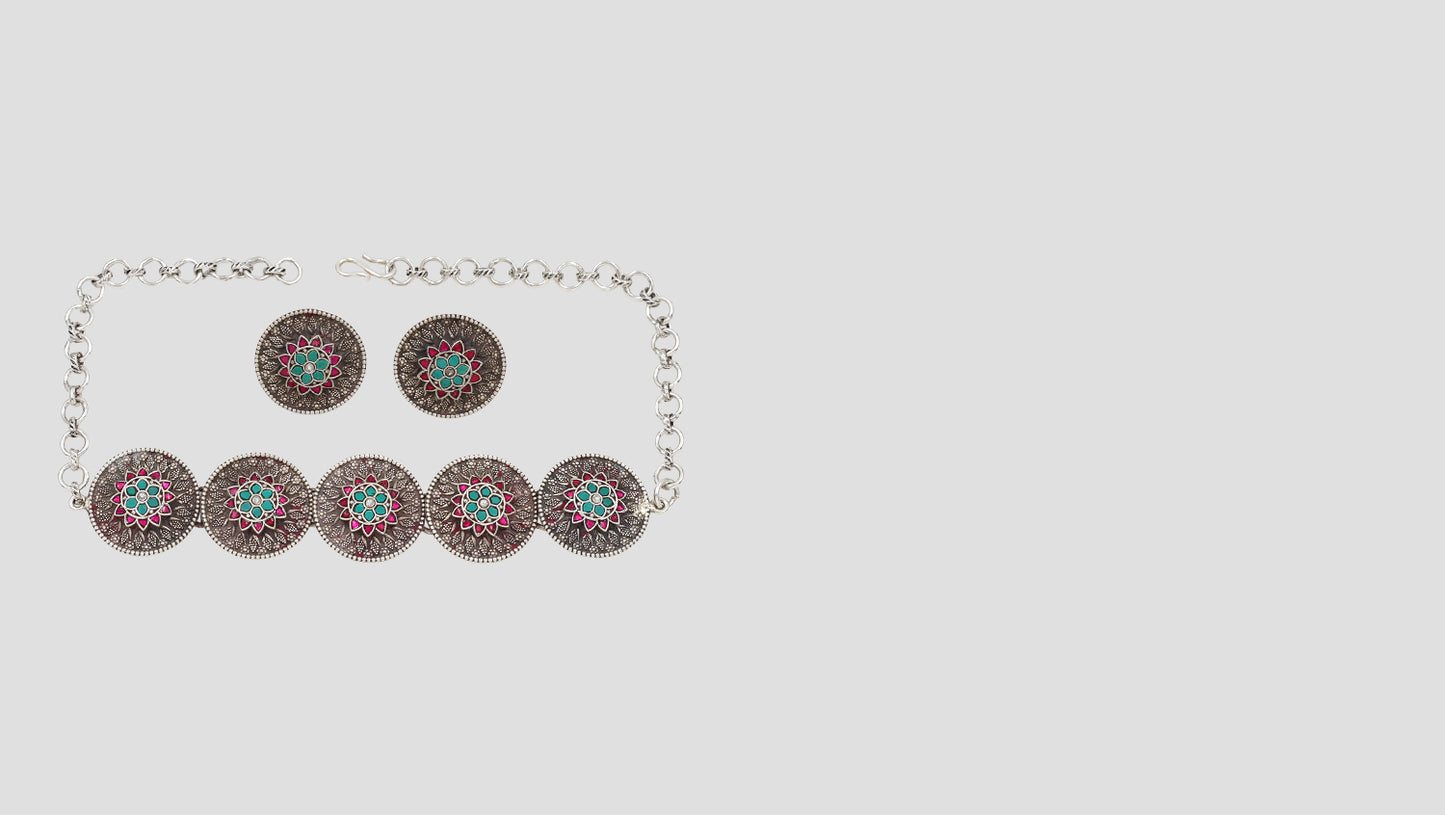 Bohemian Enamel Work Silver Choker & Earrings – Statement Jewelry