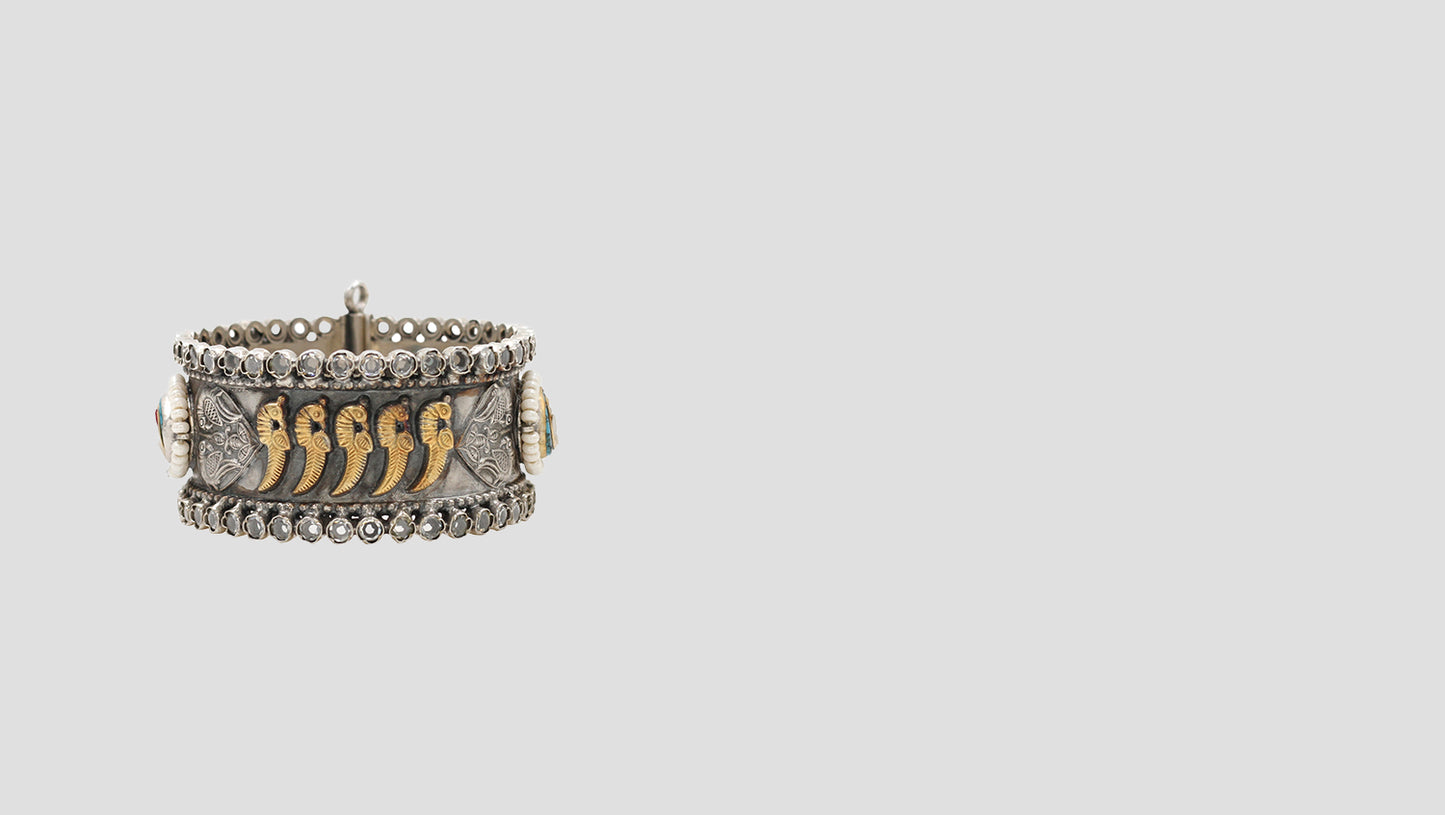 Eternal Charm: Handcrafted Silver Bangle with Turquoise and Pearls