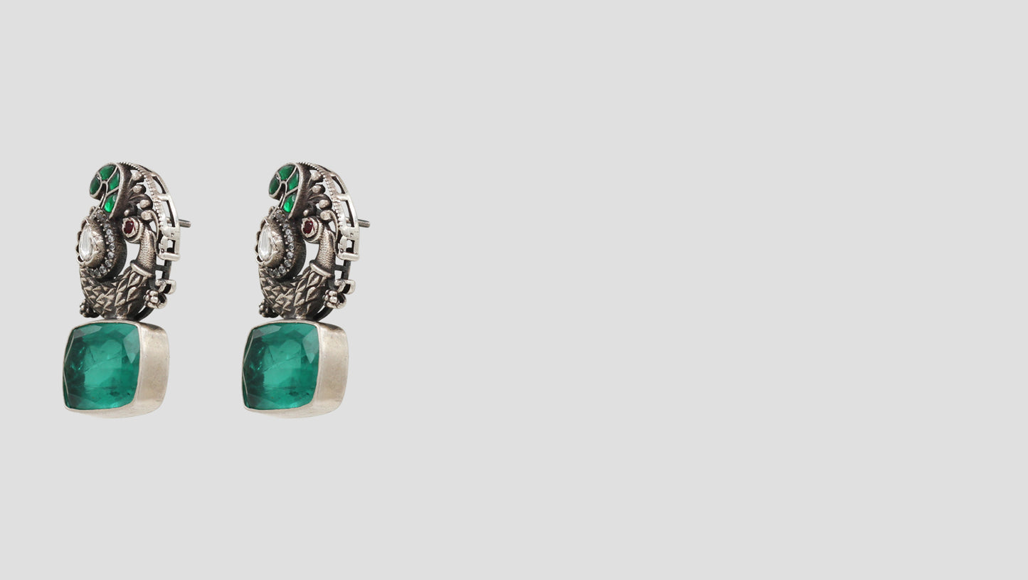 Peacock Splendor: Oxidized Silver Earrings with Emerald Drops