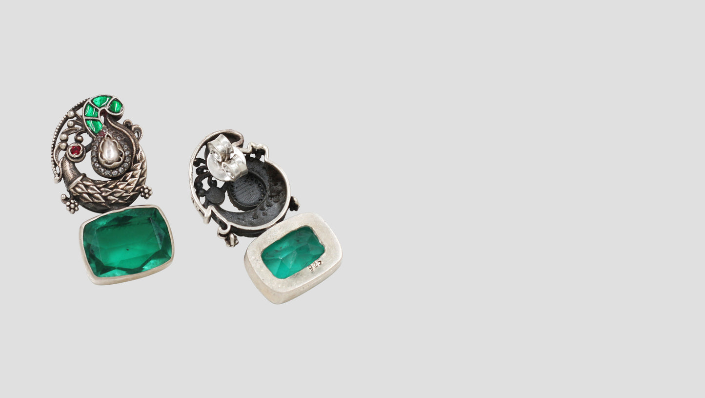 Peacock Splendor: Oxidized Silver Earrings with Emerald Drops