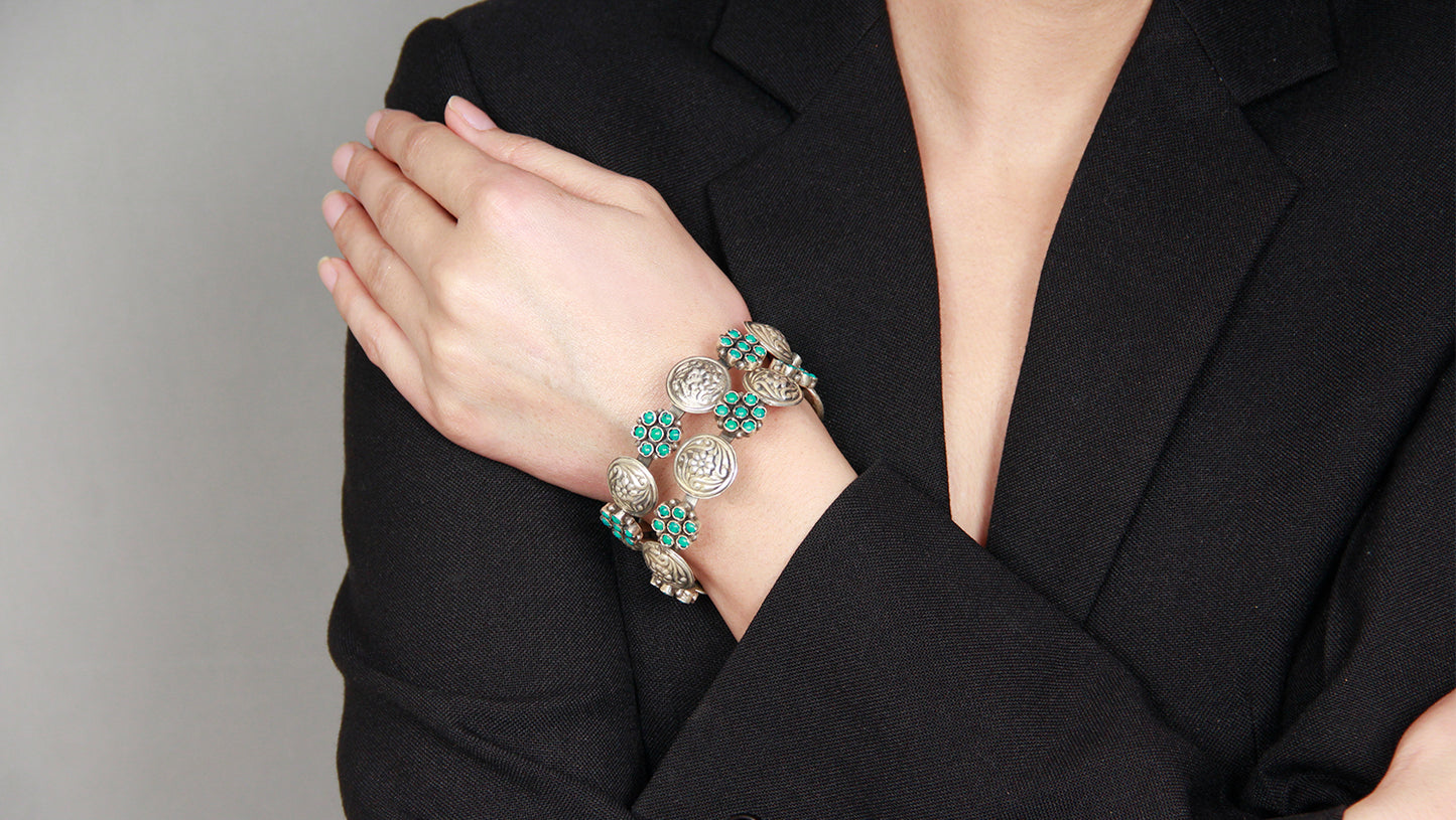 Silver Handcrafted Bracelet with Turquiose Gemstone and Floral Hand Work