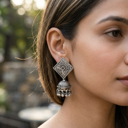Sangeeta Boochra Artisan Oxidised Silver Square Stud Jhumkas