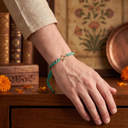 925 Sterling Silver Star Rakhi with Turquoise Thread | Sangeeta Boochra