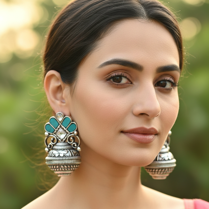 Sangeeta Boochra Turquoise Kundan Oxidised Silver Earrings