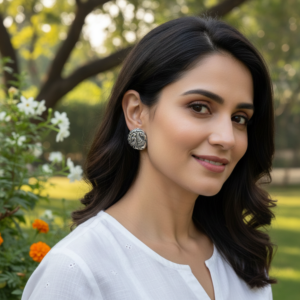 Sangeeta Boochra Tribal Peacock Motif Silver Studs