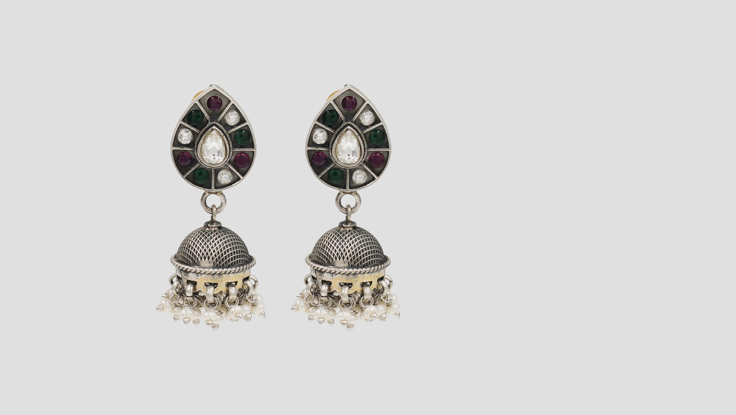 Sangeeta Boochra Handcrafted Oxidised Silver Kundan Jhumka with Pearl Drops