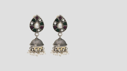 Sangeeta Boochra Handcrafted Oxidised Silver Kundan Jhumka with Pearl Drops