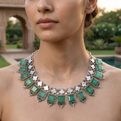 Sangeeta Boochra Luxe Silver Necklace with Green Stone Accents