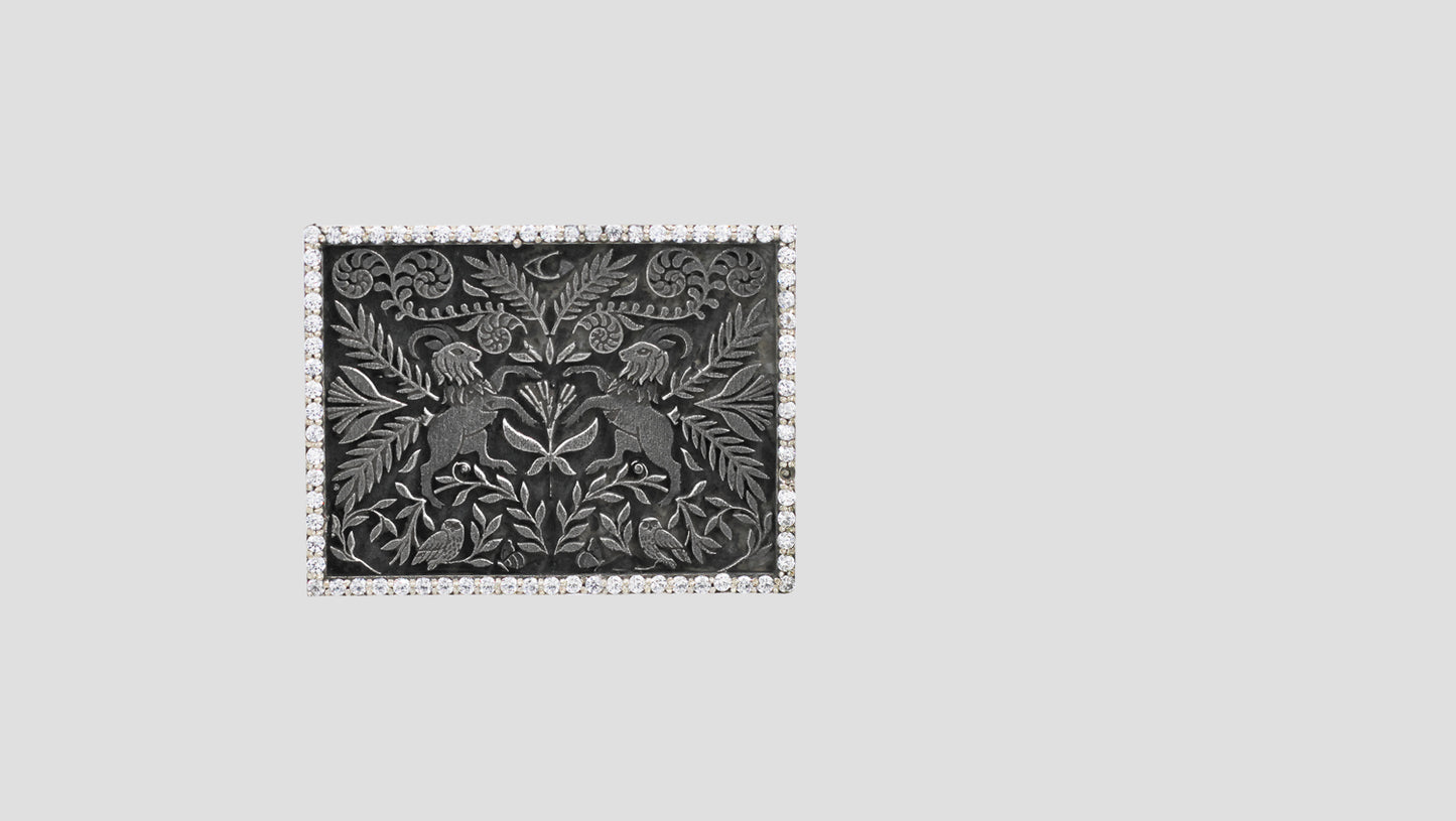 Sangeeta Boochra Artisan Oxidized Silver Brooch with Regal Motif Design