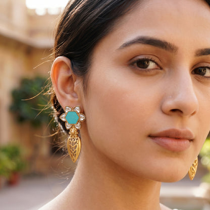 Sangeeta Boochra Designer Gold Plated Silver Floral Earrings with White Kundan and Turquoise Stone