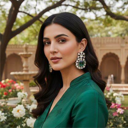 Sangeeta Boochra Polki Silver Earrings with Green Centre Stone