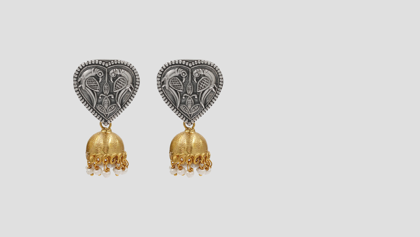 Sangeeta Boochra Vintage Peacock Motif Silver Earrings with Gold Jhumka