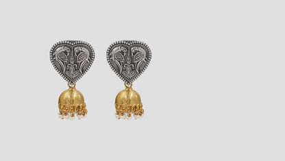 Sangeeta Boochra Vintage Peacock Motif Silver Earrings with Gold Jhumka
