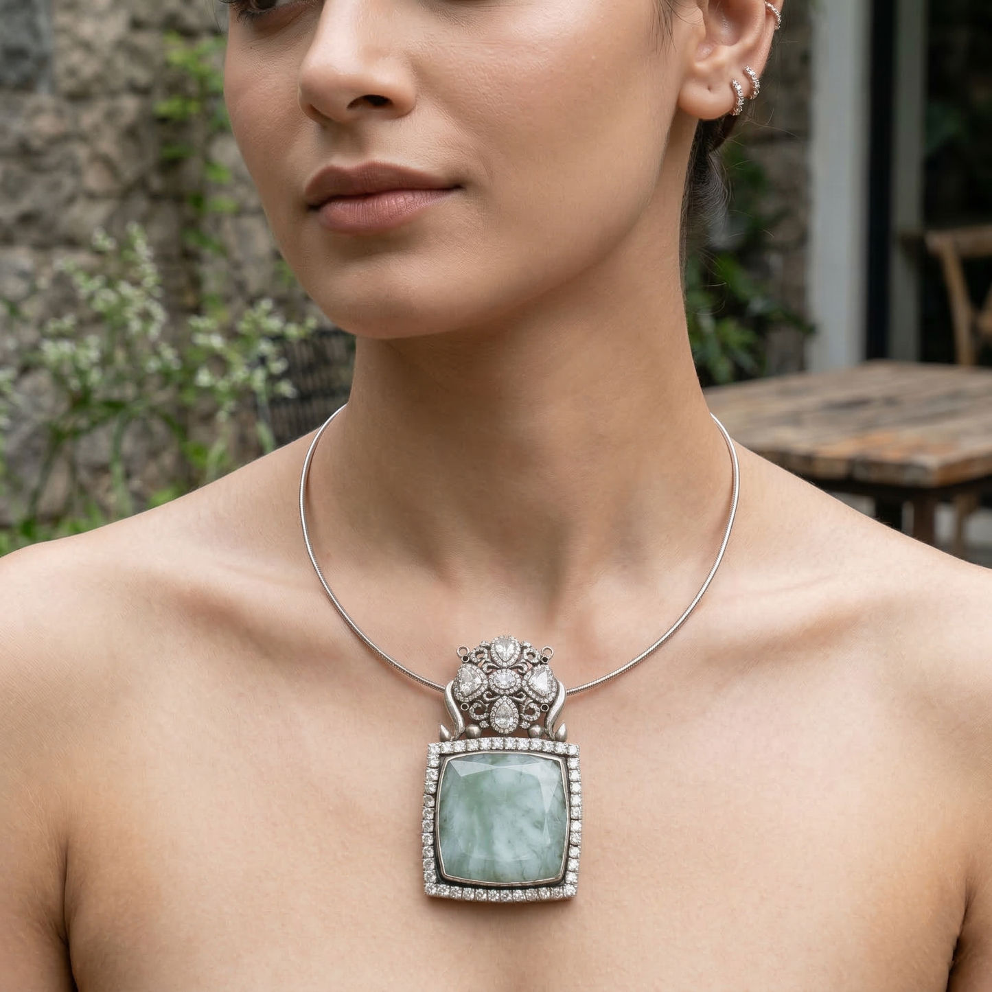 Sangeeta Boochra Artisan Moissanite Floral Silver Pendant