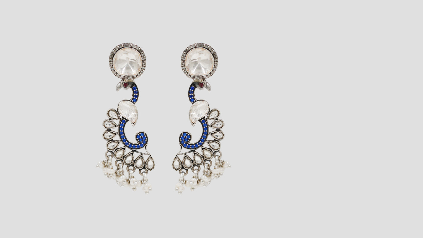 Sangeeta Boochra Peacock-Inspired Silver Earrings with Moissanite & Kundan