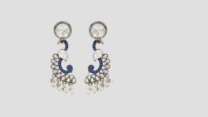Sangeeta Boochra Peacock-Inspired Silver Earrings with Moissanite & Kundan