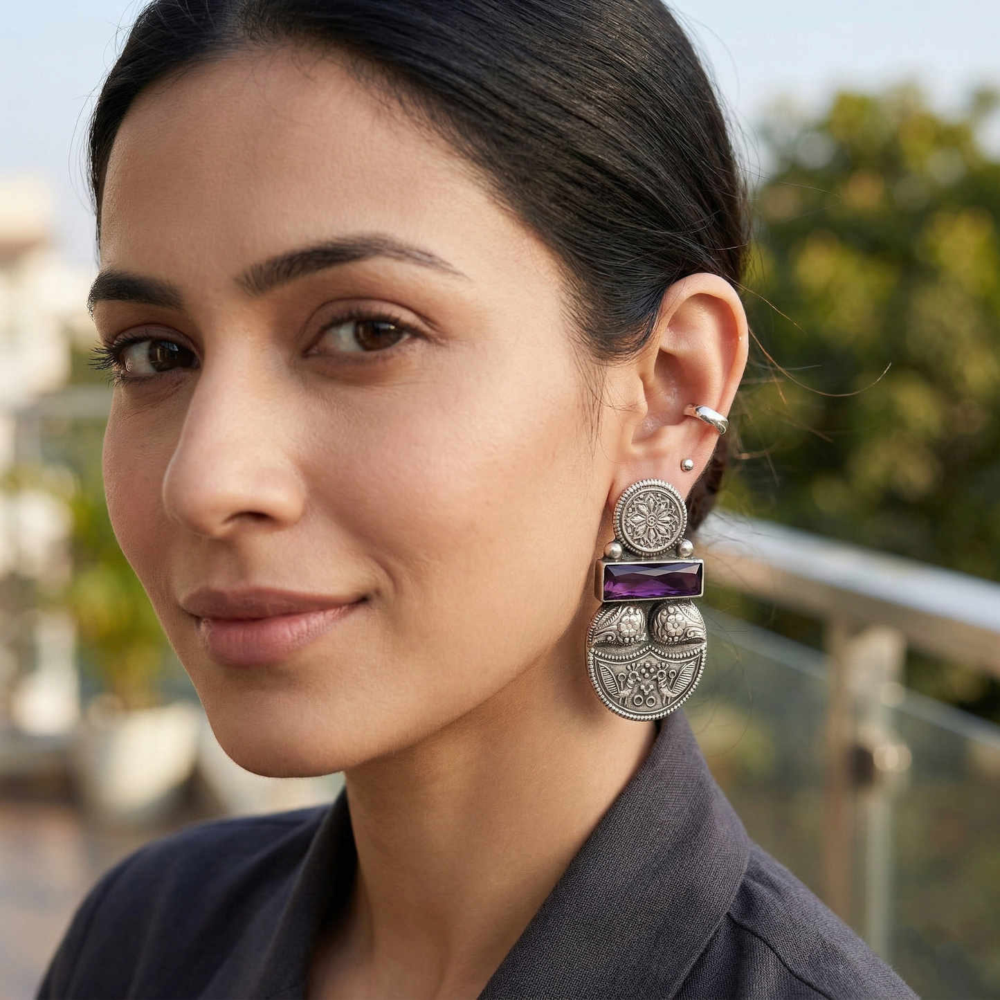 Sangeeta Boochra Tribal Motif Oxidised Silver Earrings