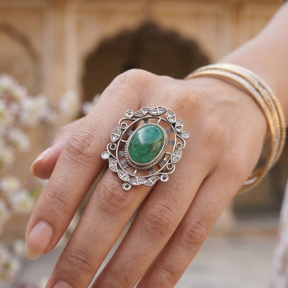 Sangeeta Boochra Vintage-Inspired Silver Green Stone Ring