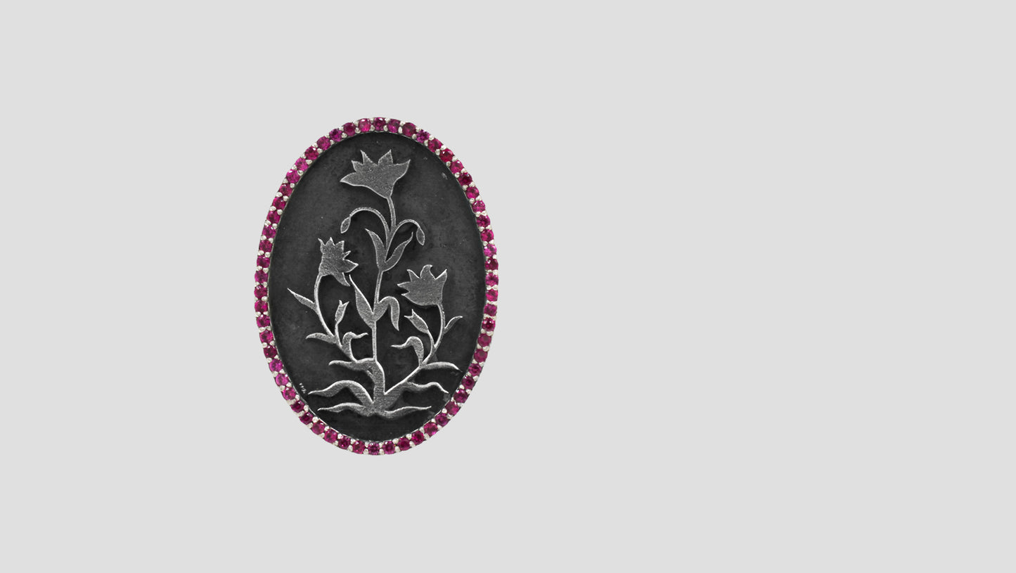 Sangeeta Boochra Handcrafted Oval Oxidized Silver Brooch – Floral Elegance