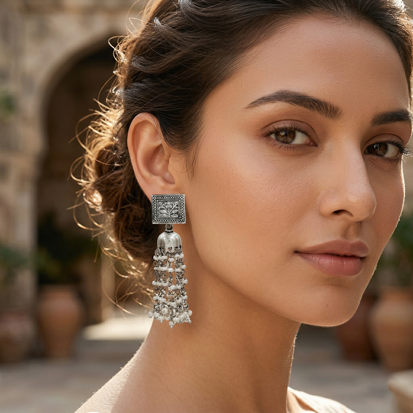 Sangeeta Boochra Vintage Floral Panel Oxidised Silver Drop Earrings