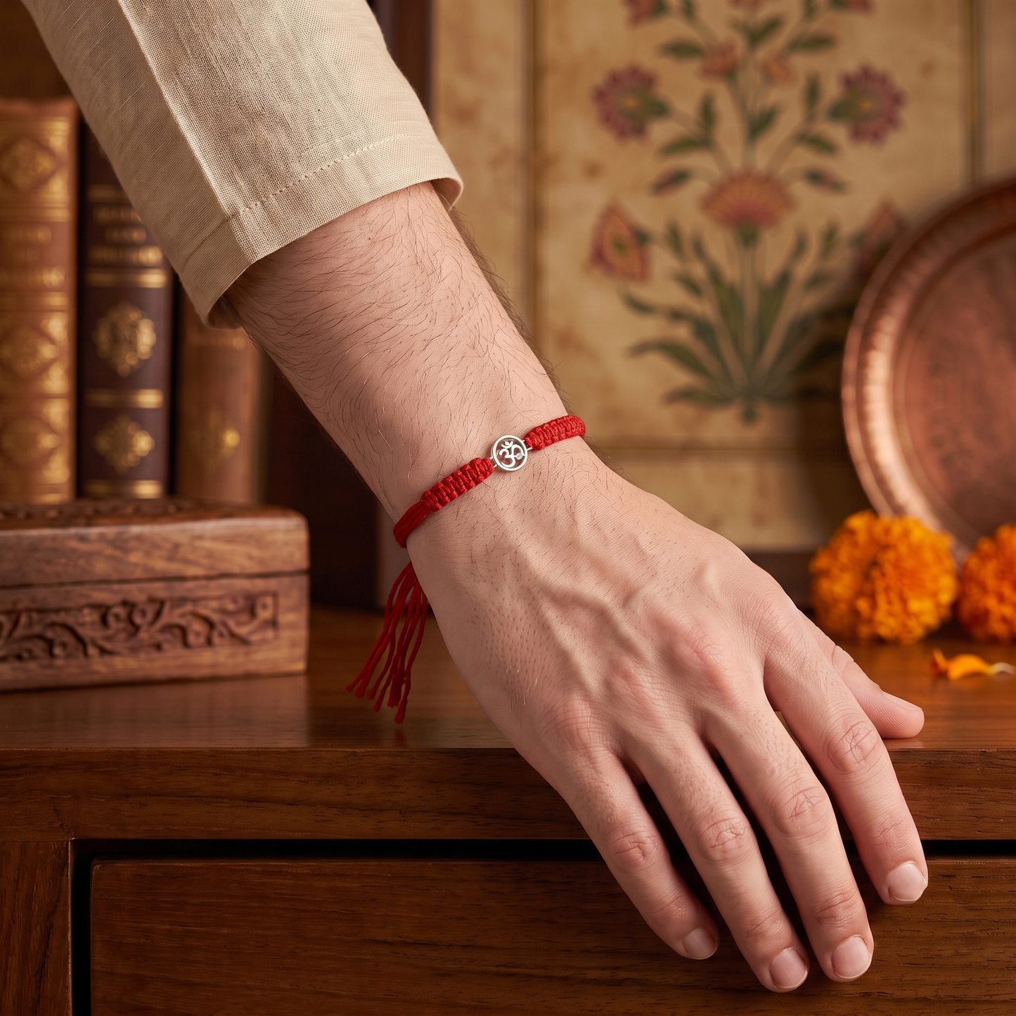 925 Sterling Silver Om Rakhi with Red Thread | Sangeeta Boochra