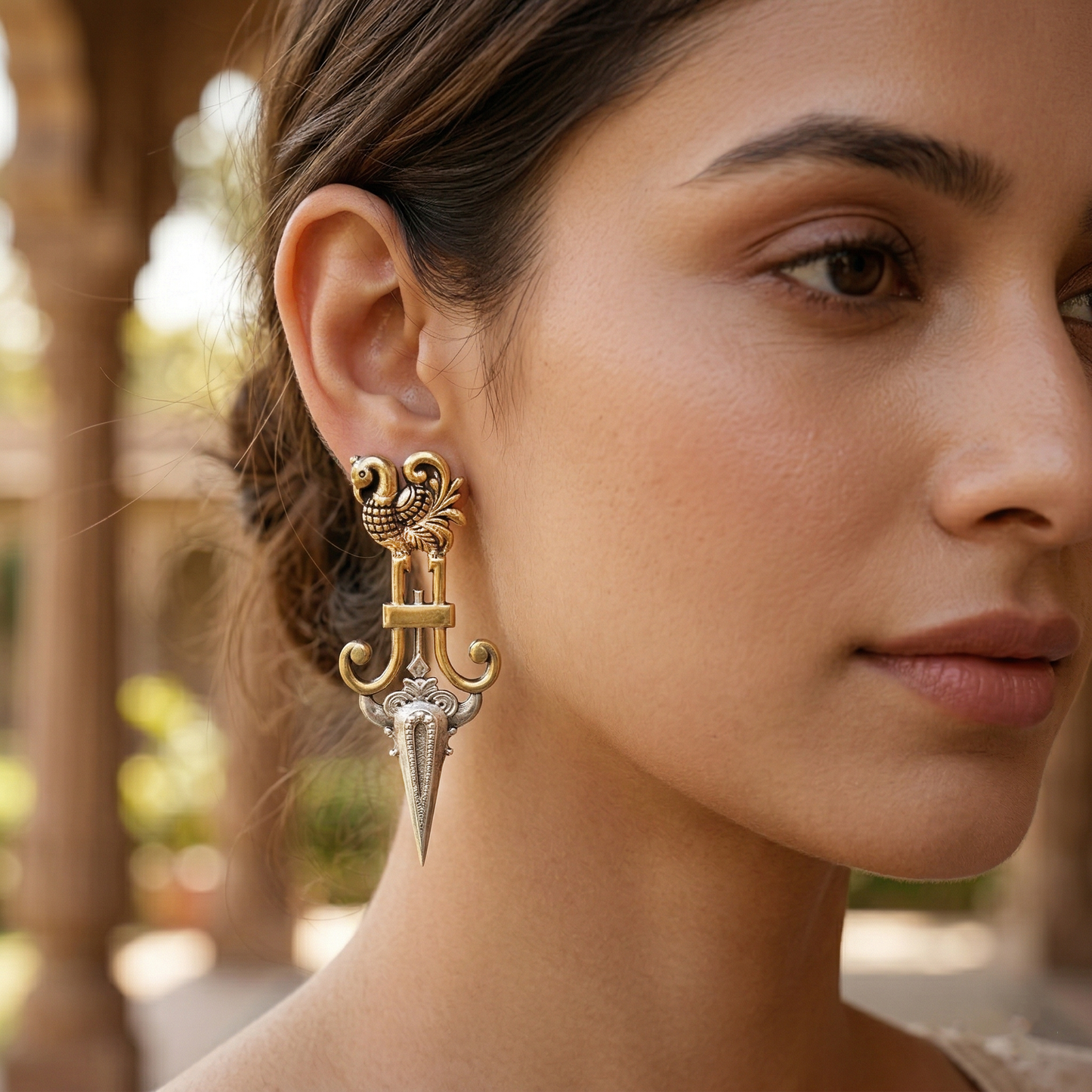 Sangeeta Boochra Handcrafted Dual Tone Peacock Motif Statement Earrings