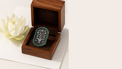 Handcrafted Oxidised Silver Statement Brooch with Floral Engraving and Green Stones | Sangeeta Boochra