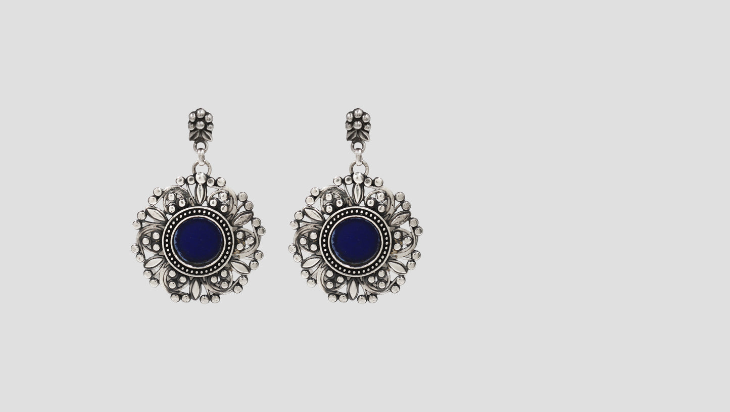 Sangeeta Boochra Artisan Silver Earrings with Blue Center Stone