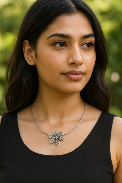 Sangeeta Boochra Artisan Oxidised Silver Floral Charm Pendant