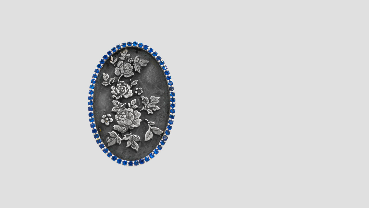 Handcrafted Oxidised Silver Oval Rose Brooch with Sapphire-Tone Stone Detailing | Sangeeta Boochra