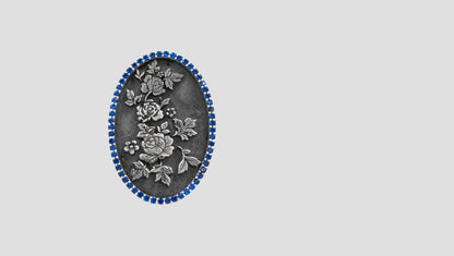 Handcrafted Oxidised Silver Oval Rose Brooch with Sapphire-Tone Stone Detailing | Sangeeta Boochra