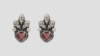 Handcrafted Oxidised Silver Pink Stone Stud Earrings | Sangeeta Boochra