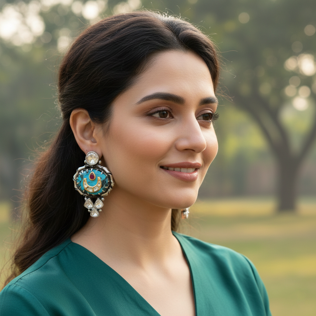 Sangeeta Boochra Handcrafted Silver Earrings with Turquoise Stone
