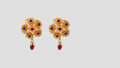 Sangeeta Boochra Gold-Plated Silver Kundan Earrings with Red Drops