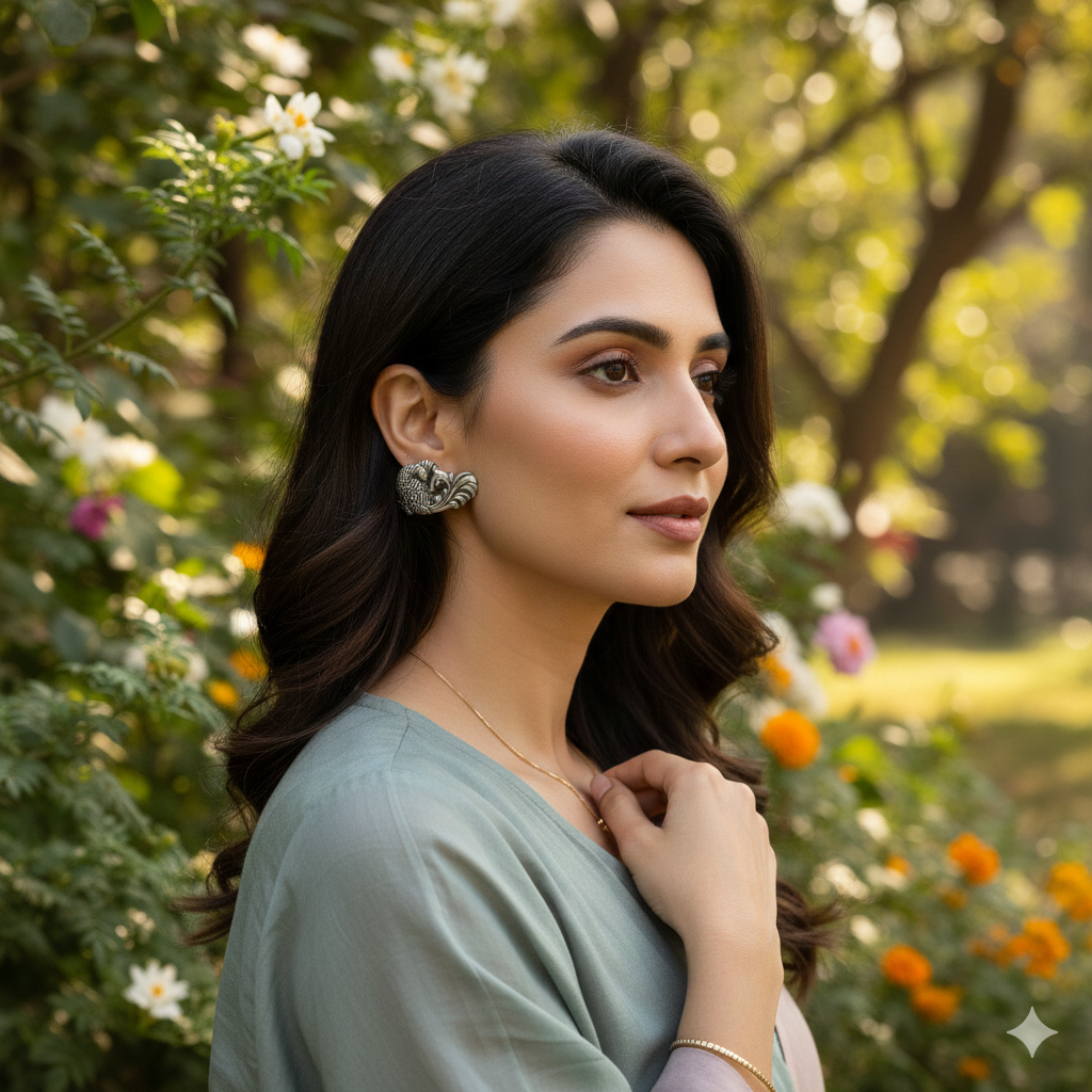 Royal Peacock Motif Silver Stud Earrings