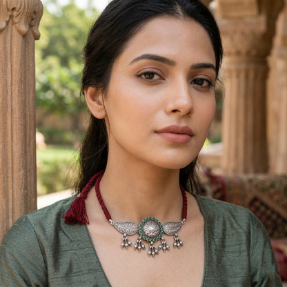 Sangeeta Boochra Vintage Silver Choker with Green Stone Detailing