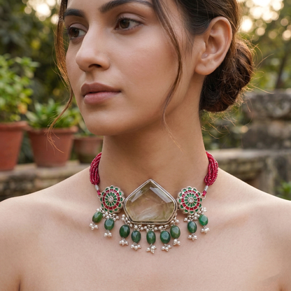 Sangeeta Boochra Handcrafted Red Bead Silver Statement Choker