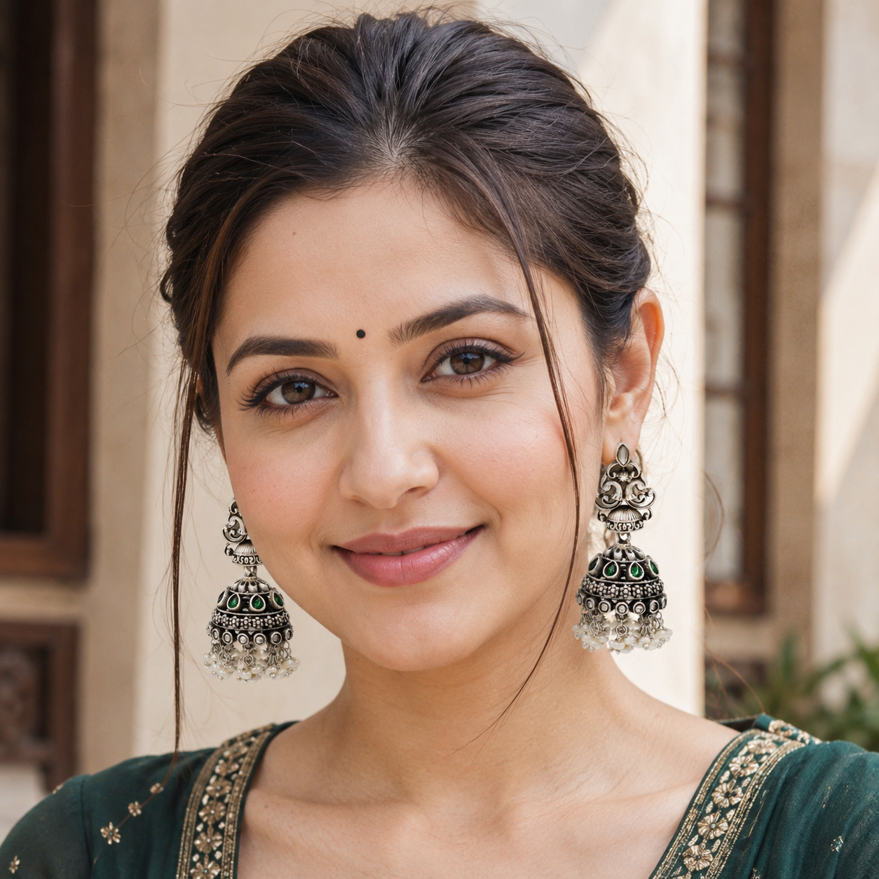 Sangeeta Boochra Peacock Motif Silver Jhumka Earrings with Green Kundan Stones & Pearl Tassels